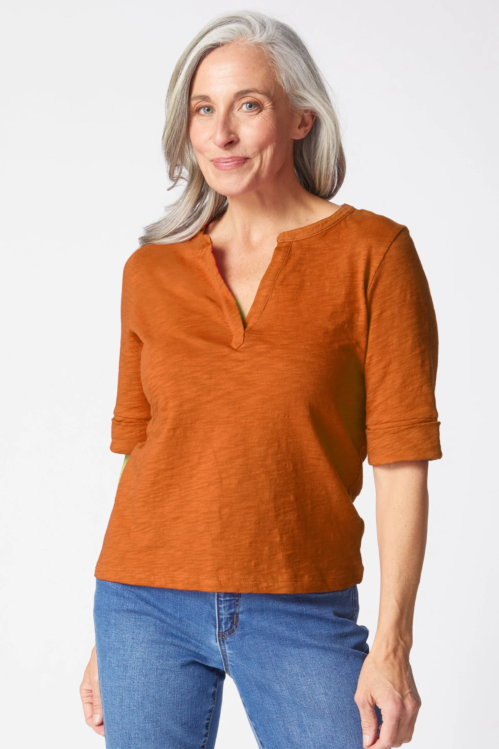 Peruvian Textured Cotton Split Collar Elbow Sleeve Tee - Image 4