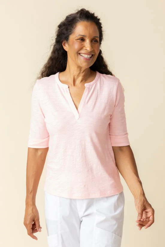 Peruvian Textured Cotton Split Collar Elbow Sleeve Tee - Image 5